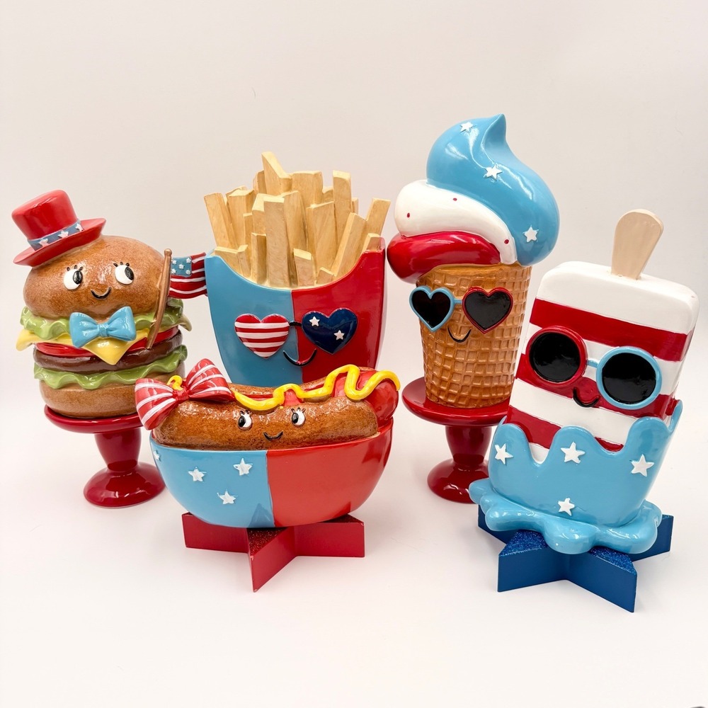 Patriotic Summer Food Figurines 4th of July Decor Set of 5 Red White Blue Resin